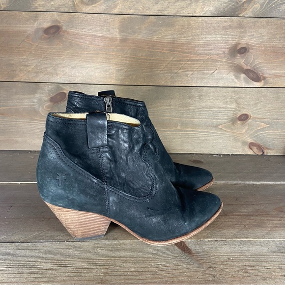 frye Regina womens size 6.5 shoes black leather side zip wedge ankle booties - Picture 2 of 8